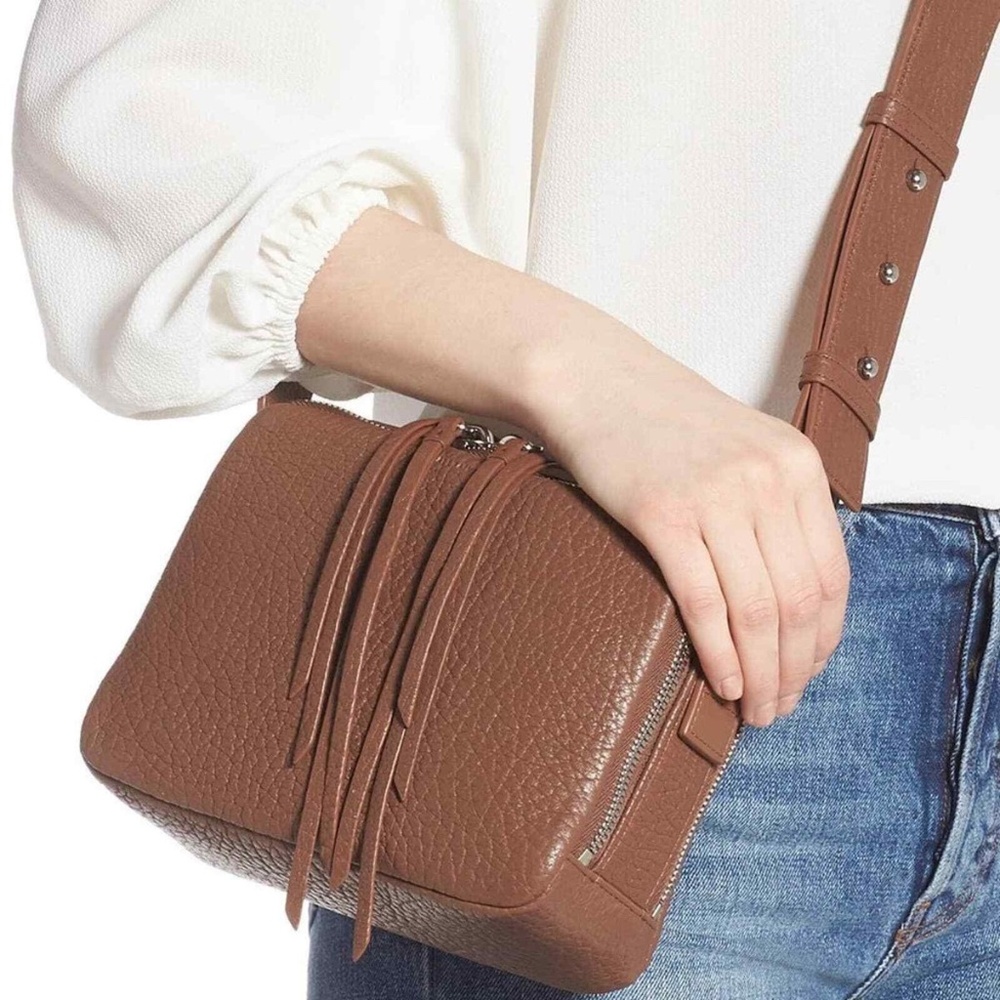 ALL SAINTS VINCENT PEBBLED LEATHER DOUBLE ZIP CROSSBODY HANDBAG BROWN TAN GUC